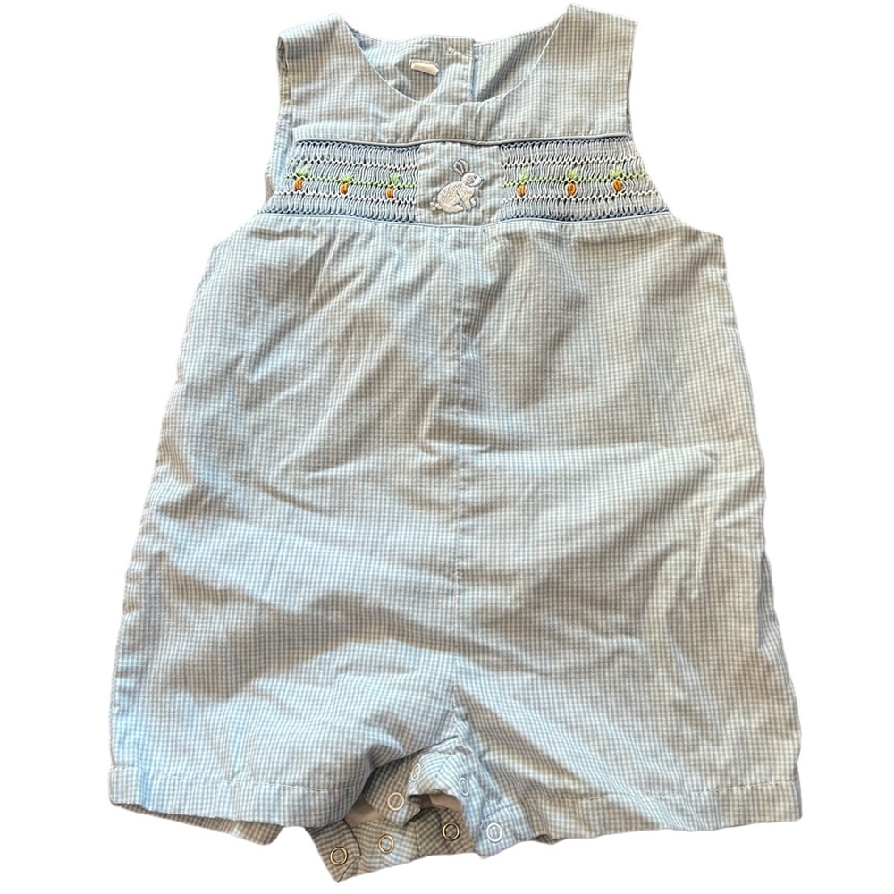 6 mo blue gingham bunny rabbit boys smocked shorts coveralls